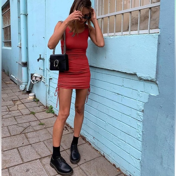 SHEIN Dresses & Skirts - Women’s Bodycon Mini Sleeveless Drawstring Ruched Basic Tank Dress in Red